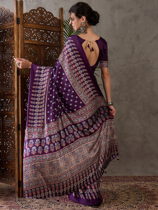 Rana Pure Semi Modal Silk Floral Printed Purpul Saree