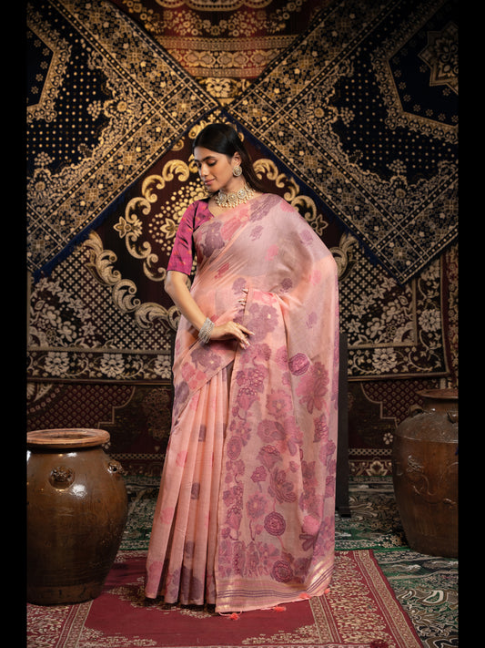 गुलाबी रंग की जामदानी सॉफ्ट कॉटन साड़ी अनस्टिच्ड ब्लाउज के साथ