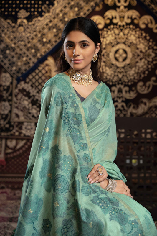 आसमानी रंग की जामदानी सॉफ्ट कॉटन साड़ी अनस्टिच्ड ब्लाउज के साथ