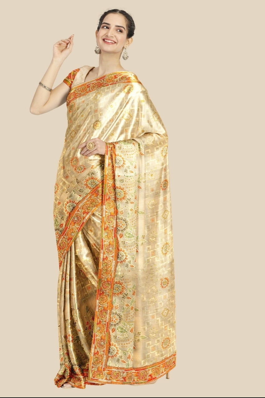 साड़ी, शुद्ध गोरगीत हैंड ब्रासो प्रिंट्स हाथ का काम और हीरा एलसीडी काम और