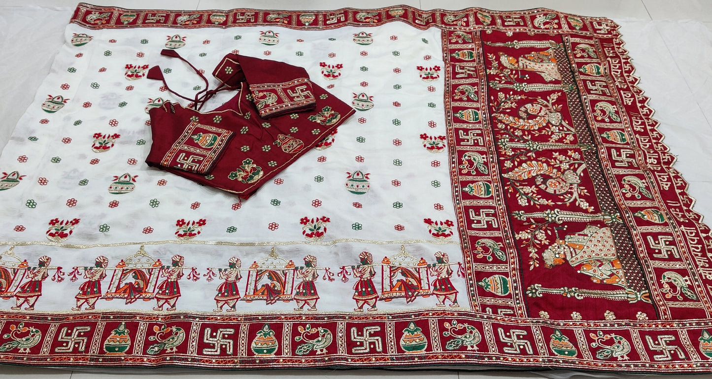 Off White Marron Colour Mahi Patel Embroiderd Panter Patola Saree For Special Occasion