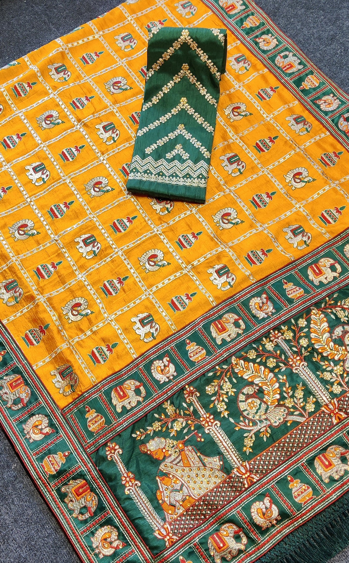 Kaira Orange Yellow Green Embroiderd Panter Patola Saree With Blouse