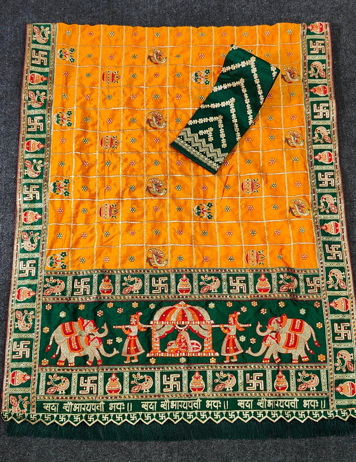 Orange Yellow Green Colour Embroiderd Panter Patola Saree For Special Occasion