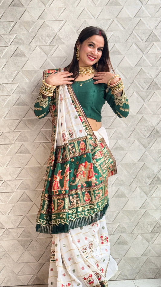 सफ़ेद हरा रंग खुशबू शर्मा कढ़ाई पैंट पटोला साड़ी विशेष अवसर के लिए