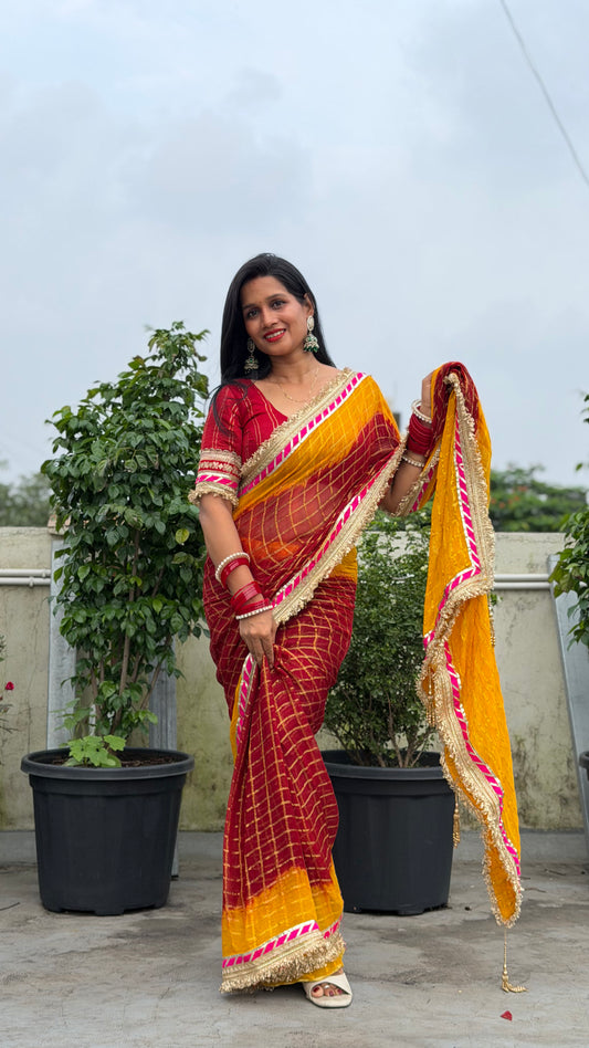 Pure Viscose Yellow - maroon Colour Ghatchola Saree