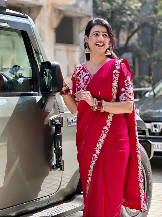 Pure Blooming Natural Chiffon Rani Wholesale Fancy Sarees