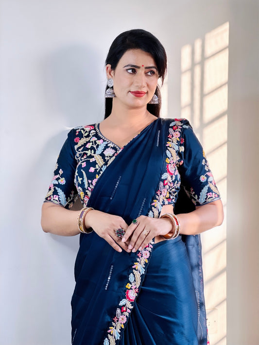 Pure Blooming Natural Chiffon petrol blue Wholesale Fancy Sarees