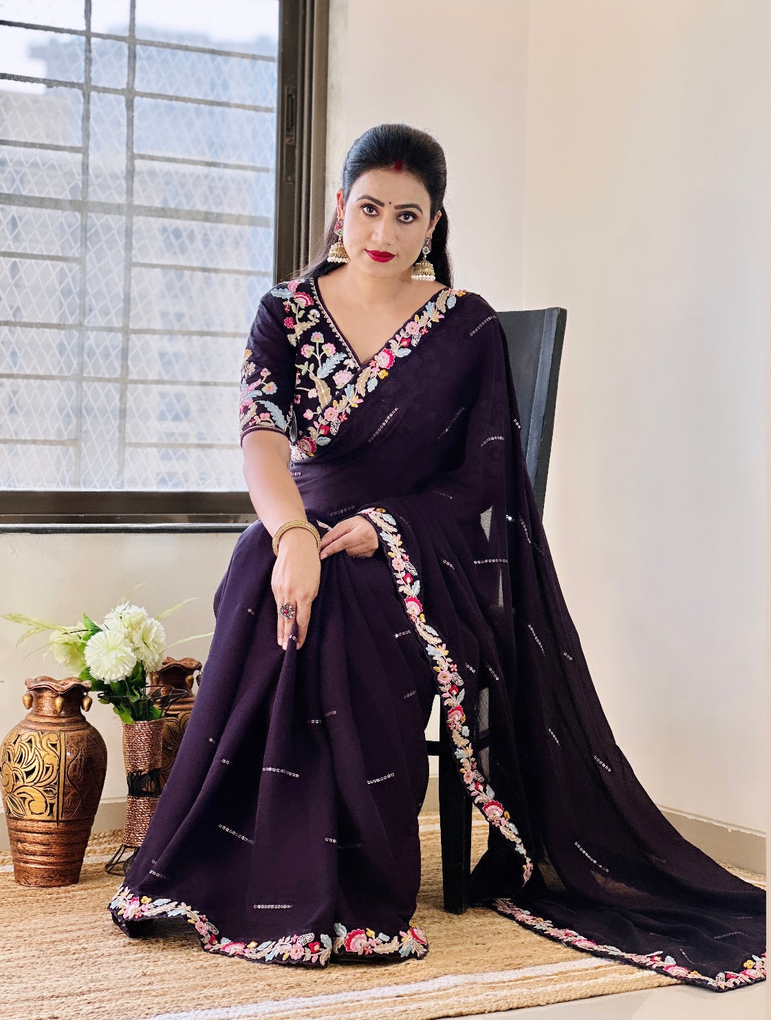 Pure Blooming Natural Chiffon Wine Wholesale Fancy Sarees