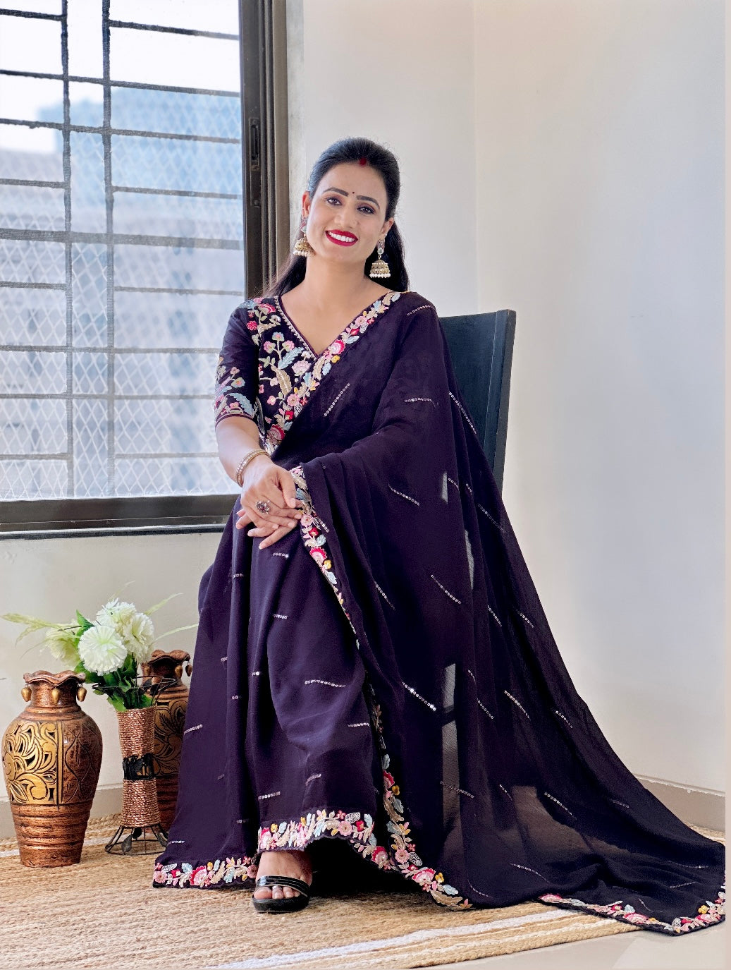 Pure Blooming Natural Chiffon Wine Wholesale Fancy Sarees