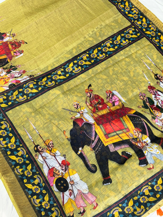 Green Color Art Print Cotton Linen Saree with unstitched Blouse