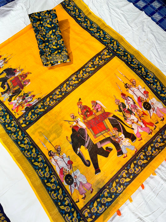 Yellow Color Cotton Art Print Linen Saree with Unstitched Blouse