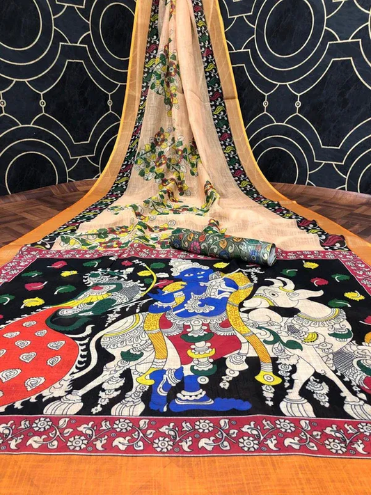 Beige Color Kalamkari Print Cotton Linen Saree with Unstitched Blouse