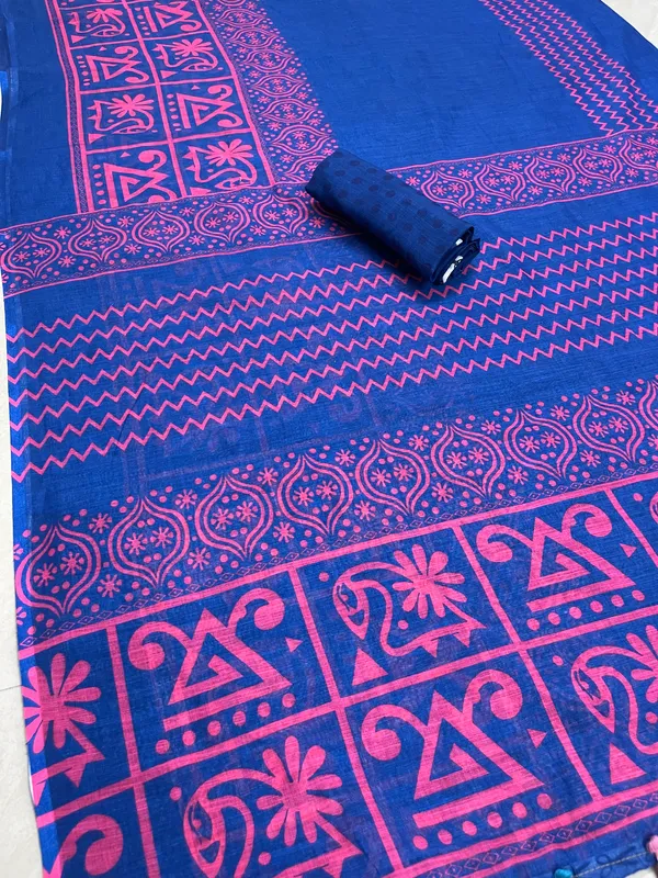 Blue Color Cotton Linen Saree With Unstitched Blouse Piece