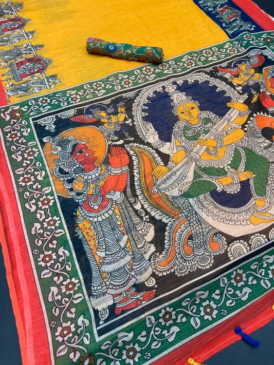 Orange Color Kalamkari Cotton Linen Saree with Unstitche Blouse