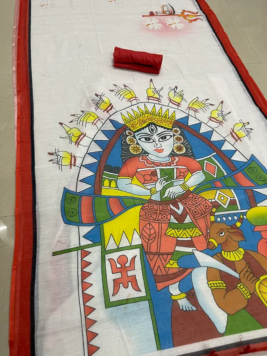 White Color Cotton Linen saree with Unstitched Blouse Piece