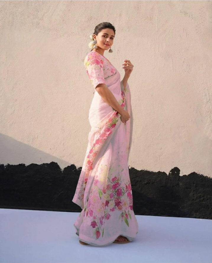 Baby Pink Color Cotton Linen Saree With Unstitched Blouse Piece