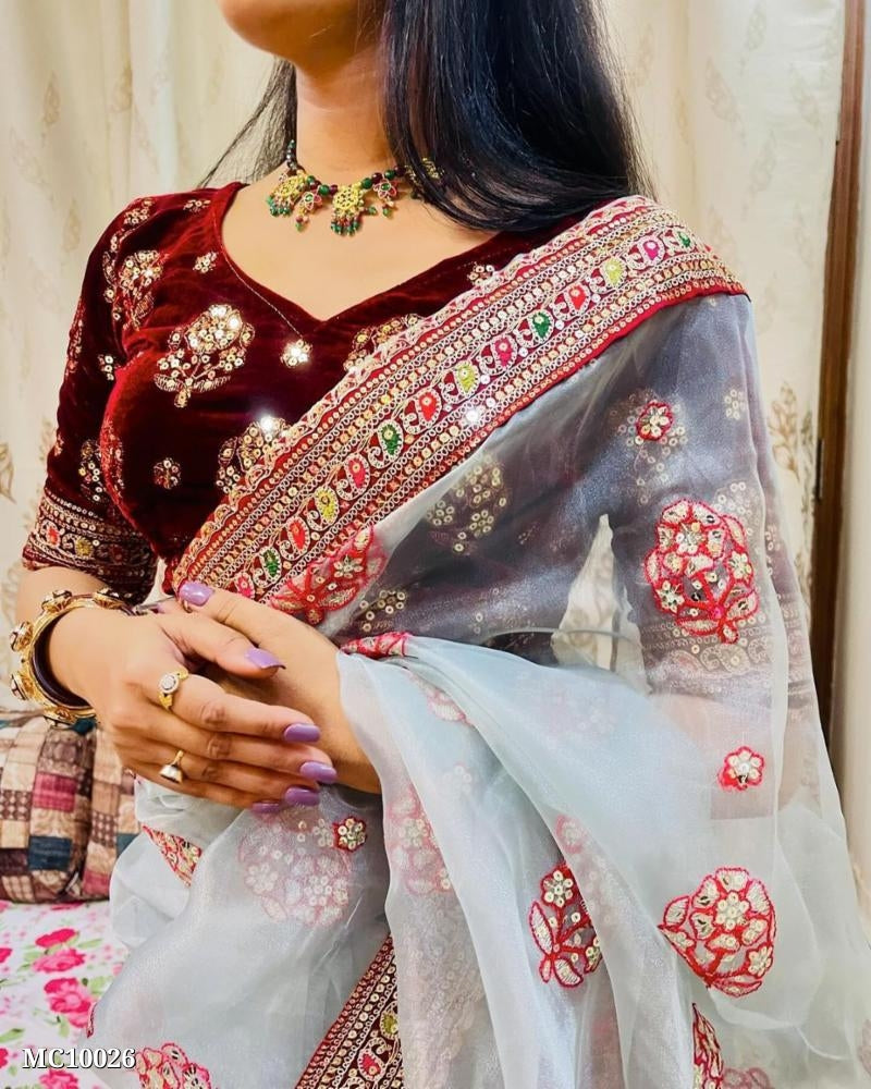 फैंसी हाथ कढ़ाई काम के साथ शुद्ध नारंगी साड़ी