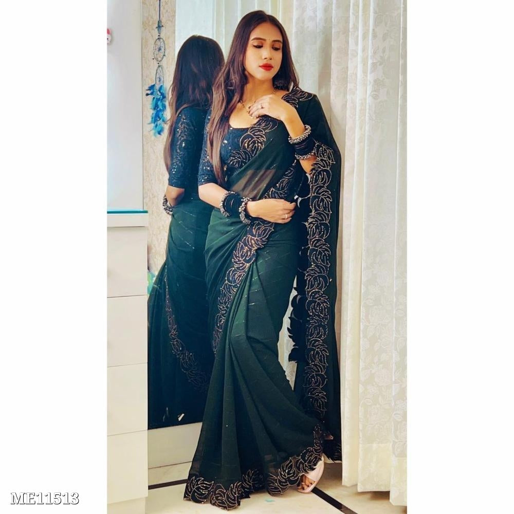 शुद्ध गोरगीत फैंसी हाथ कढ़ाई ब्रॉडर काम साड़ी