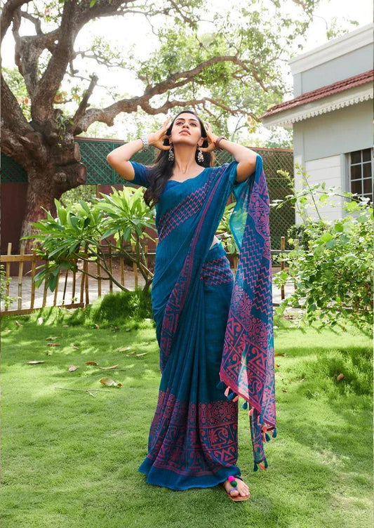 Blue Color Cotton Linen Saree With Unstitched Blouse Piece