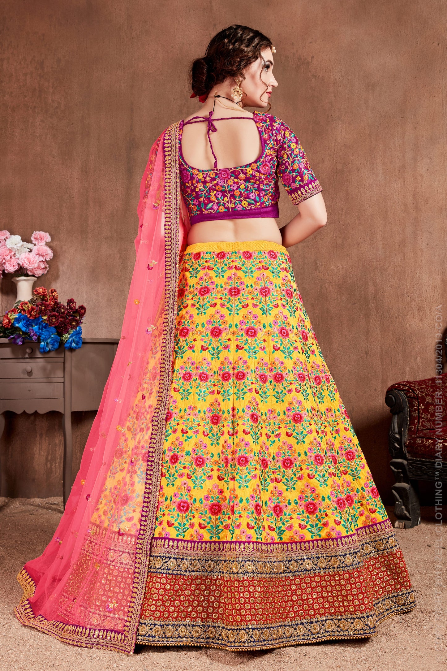 Yellow Color Mulberry Silk Thread, Dori, Zari, Sequins Embroidery with Stone Work Lehenga Choli