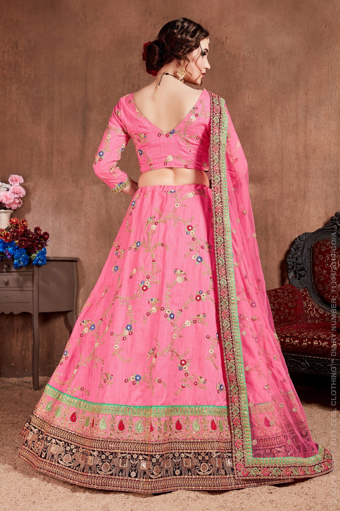 Pink Color Art Silk Thread, Dori, Zari, Sequins Embroidery with Stone Work Lehenga Choli