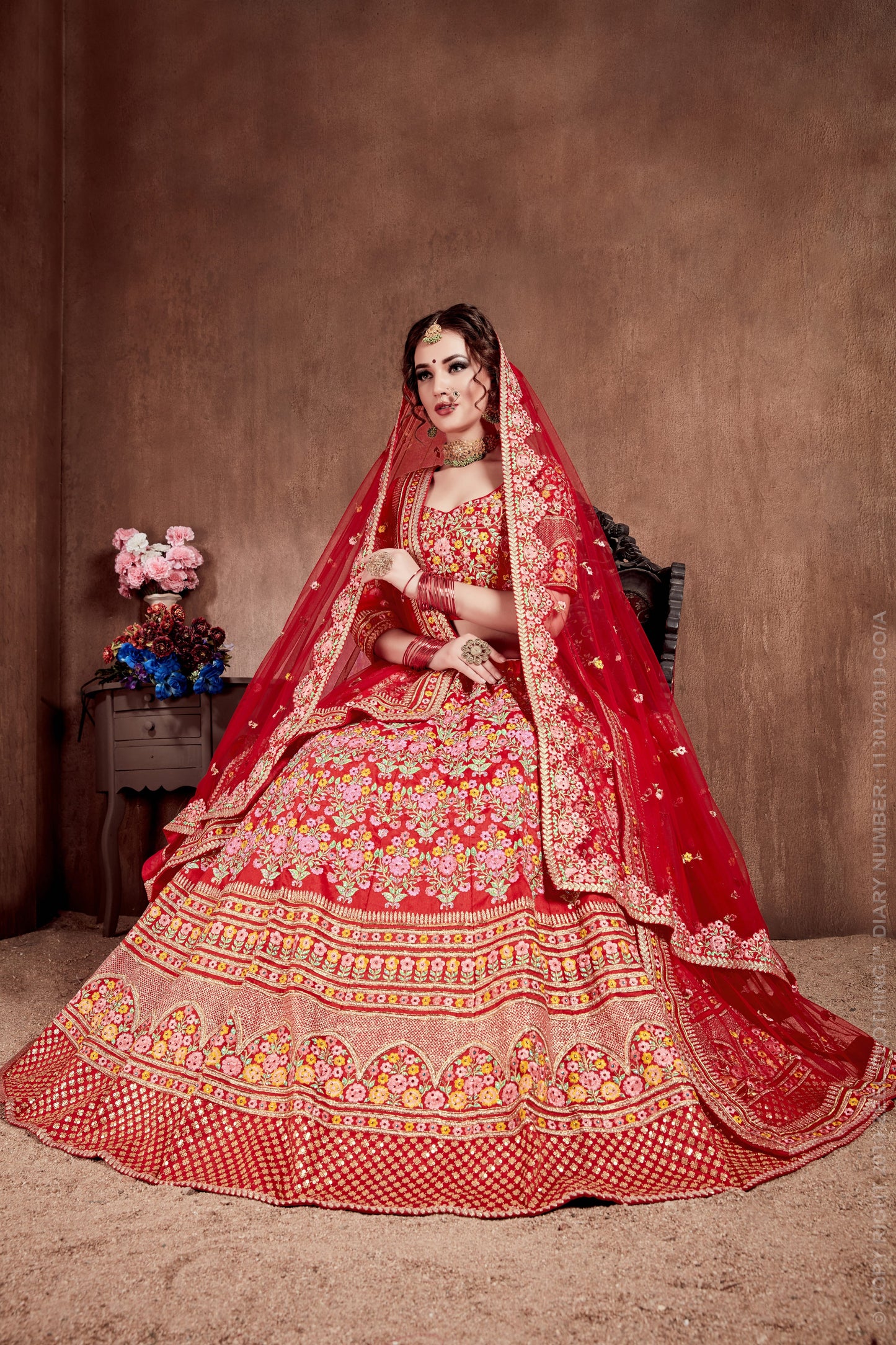 Red Color Mulberry Silk Thread, Dori, Zari, Sequins Embroidery with Stone Work Lehenga Choli