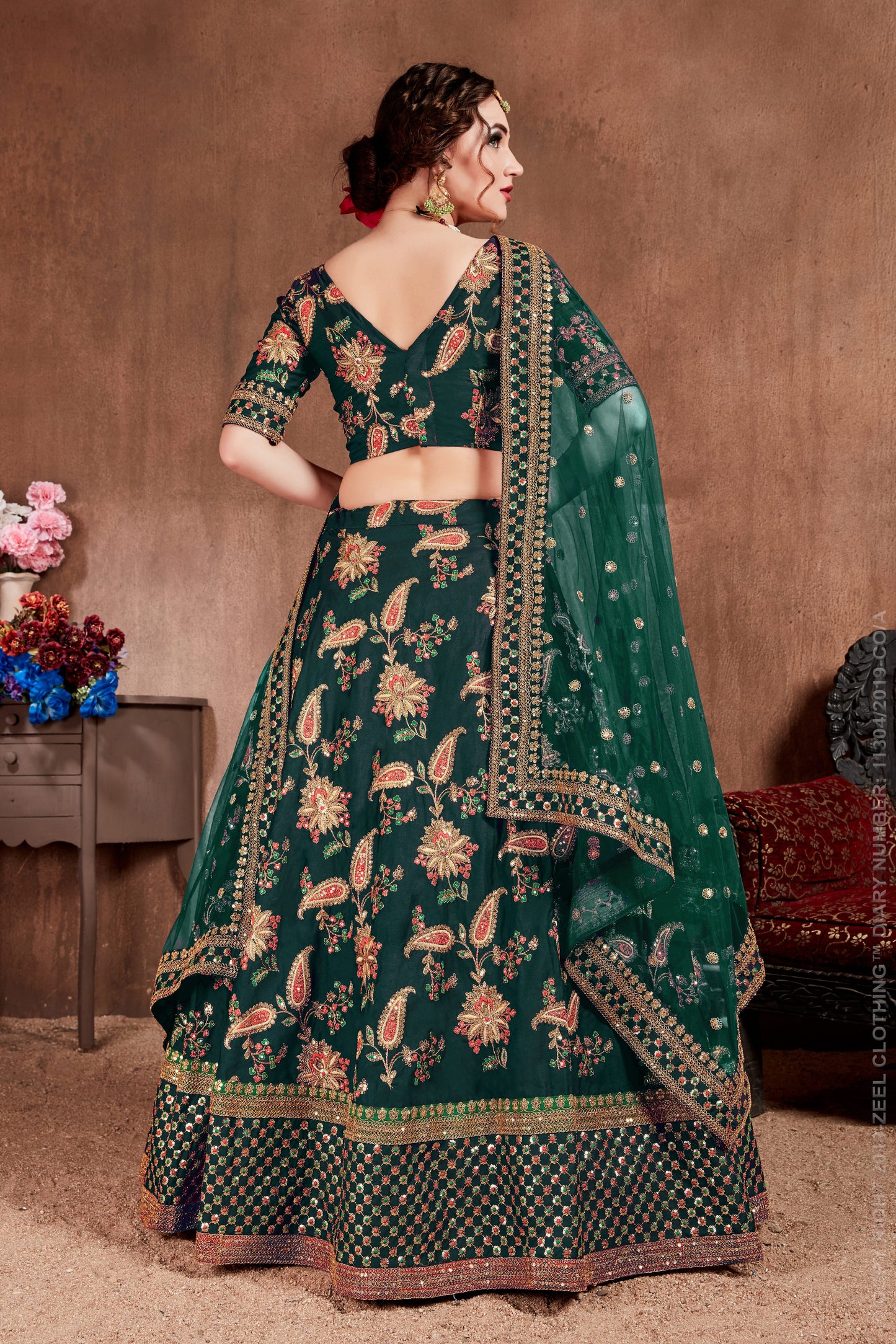 Green Color Taffeta Silk Thread, Dori, Zari, Sequins Embroidery Work Lehenga Choli