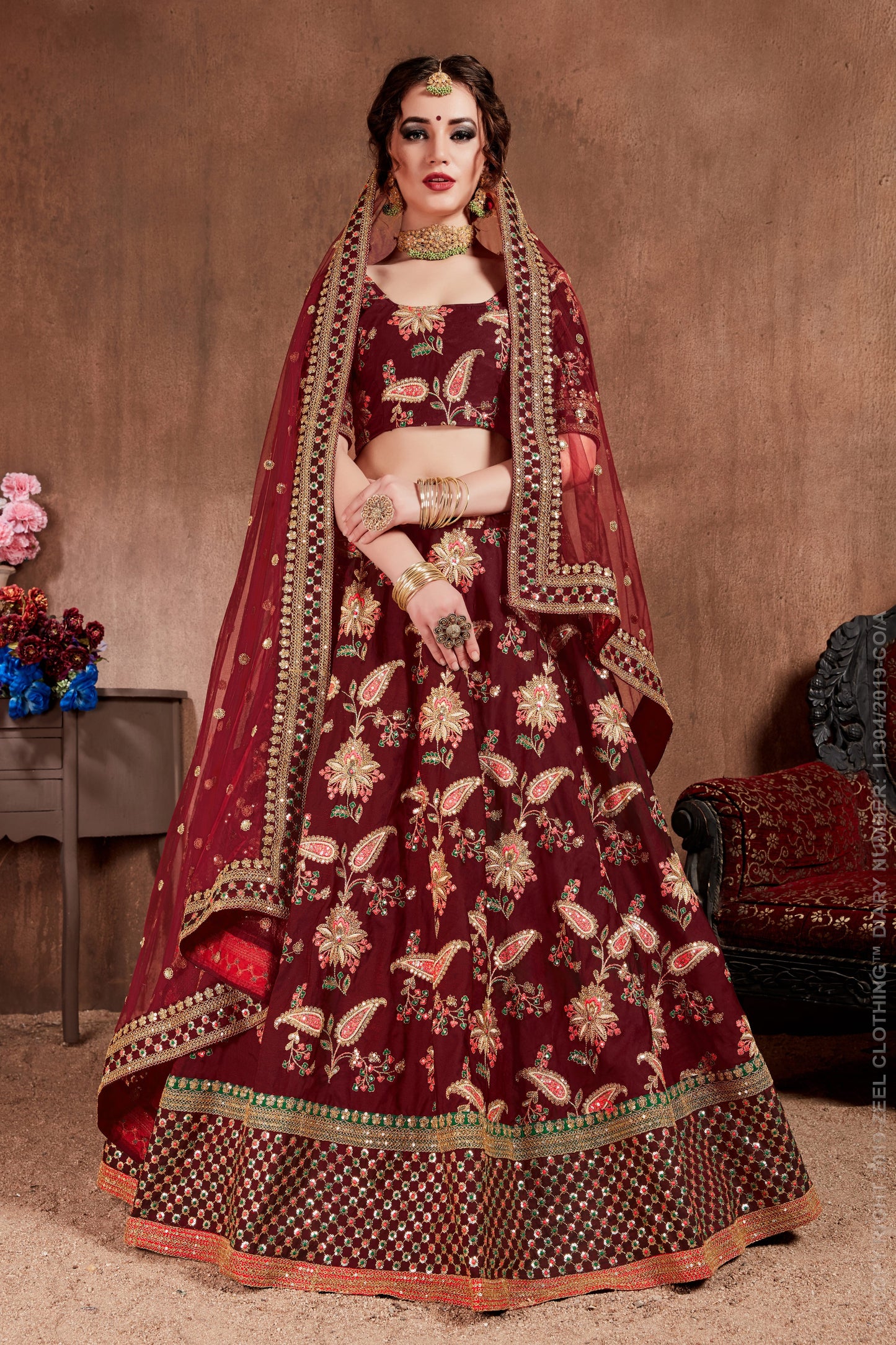 Maroon Color Taffeta Silk Thread, Dori, Zari, Sequins Embroidery Work Lehenga Choli