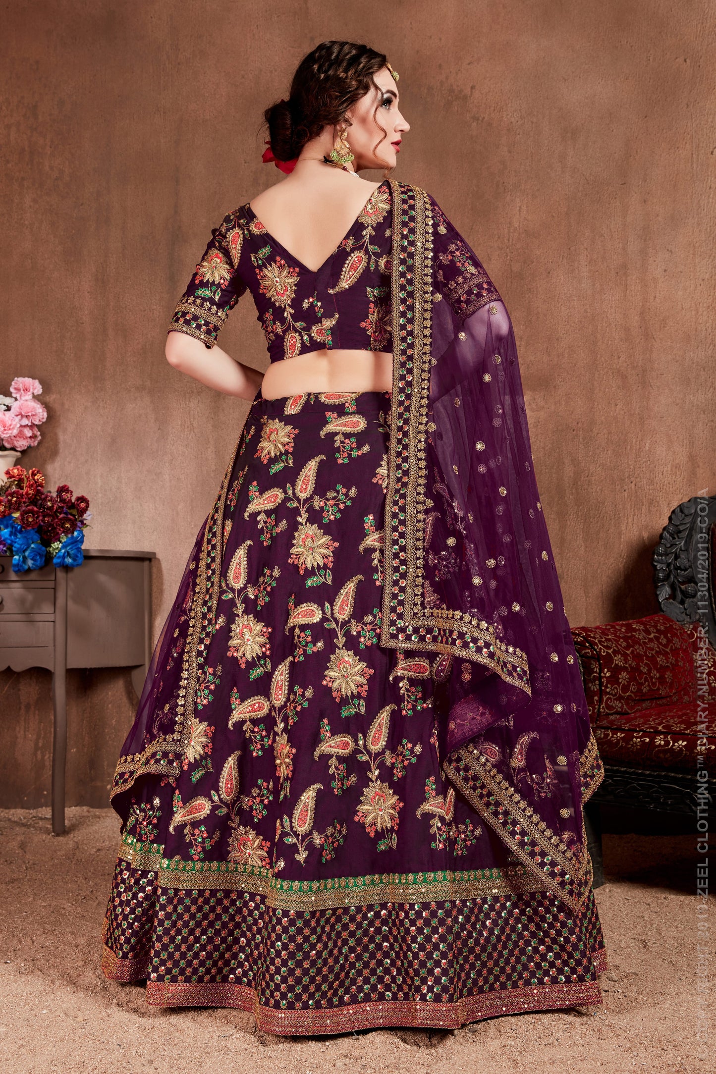 Purple Color Taffeta Silk Thread, Dori, Zari, Sequins Embroidery Work Lehenga Choli