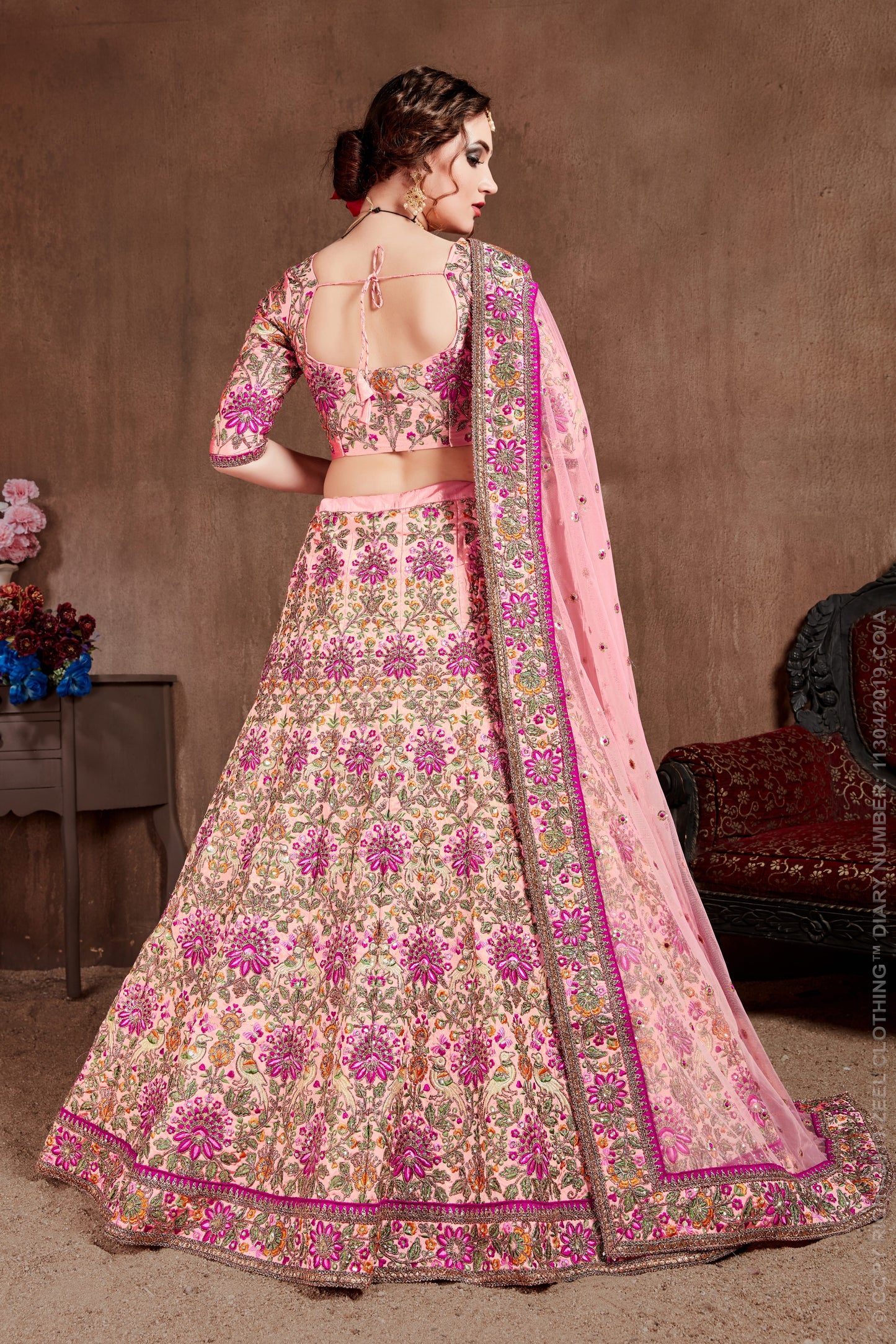 Pink Color Taffeta Silk Thread, Dori, Zari, Sequins Embroidery Work Lehenga Choli