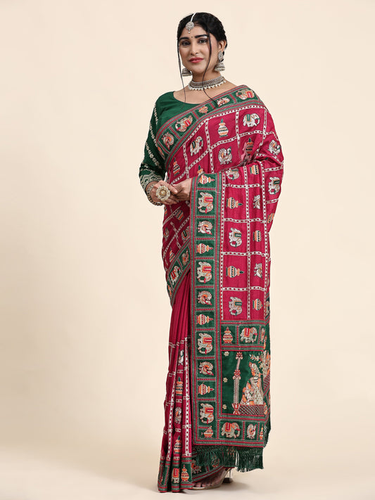 कैरा डार्क पिंक ग्रीन कढ़ाई पैंट पटोला साड़ी ब्लाउज के साथ