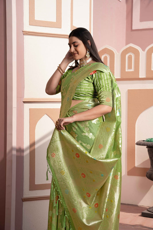 Green Color Cotton Silk Saree With Beautiful Zari Woven Work