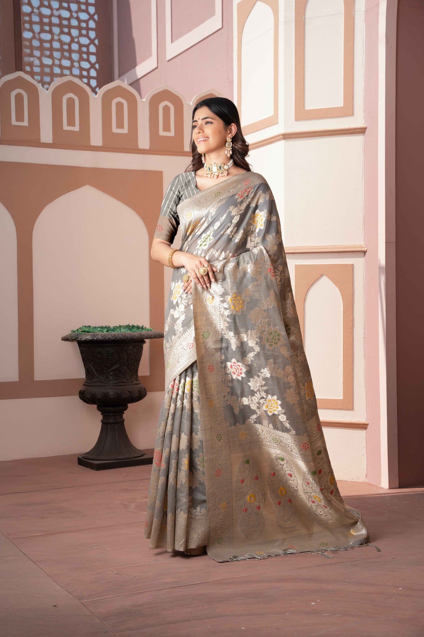 Gray Color Cotton Silk Saree With Beautiful Zari Woven Work