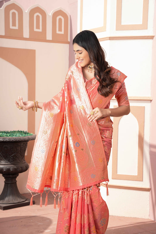 Peach Color Cotton Silk Saree With Beautiful Zari Woven Work
