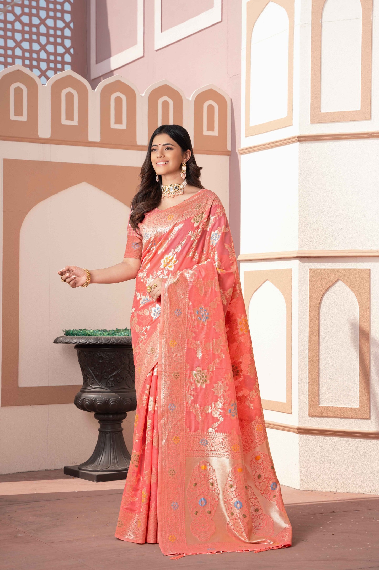 Peach Color Cotton Silk Saree With Beautiful Zari Woven Work