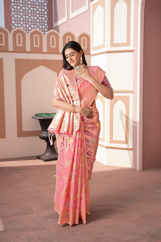 Pink Color Cotton Silk Saree With Beautiful Zari Woven Work