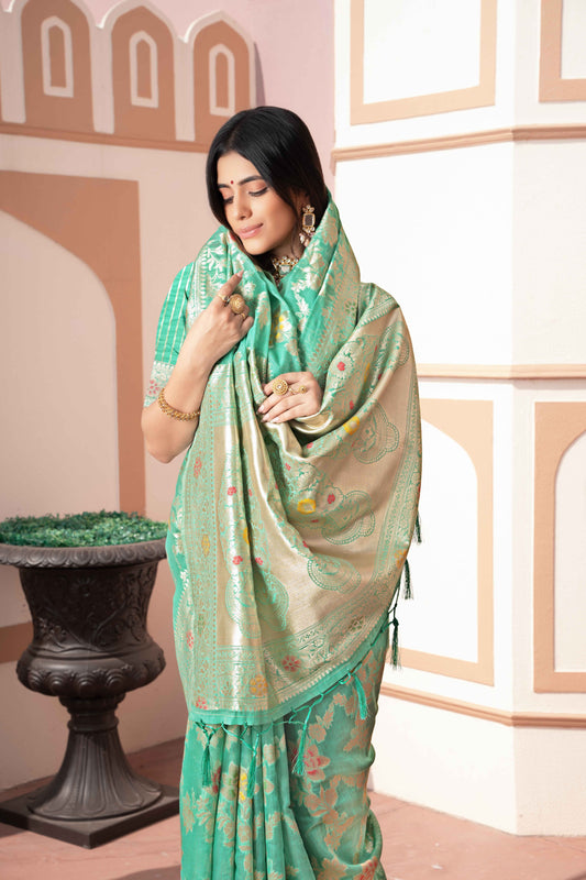 Sea-Green Color Cotton Silk Saree With Beautiful Zari Woven Work