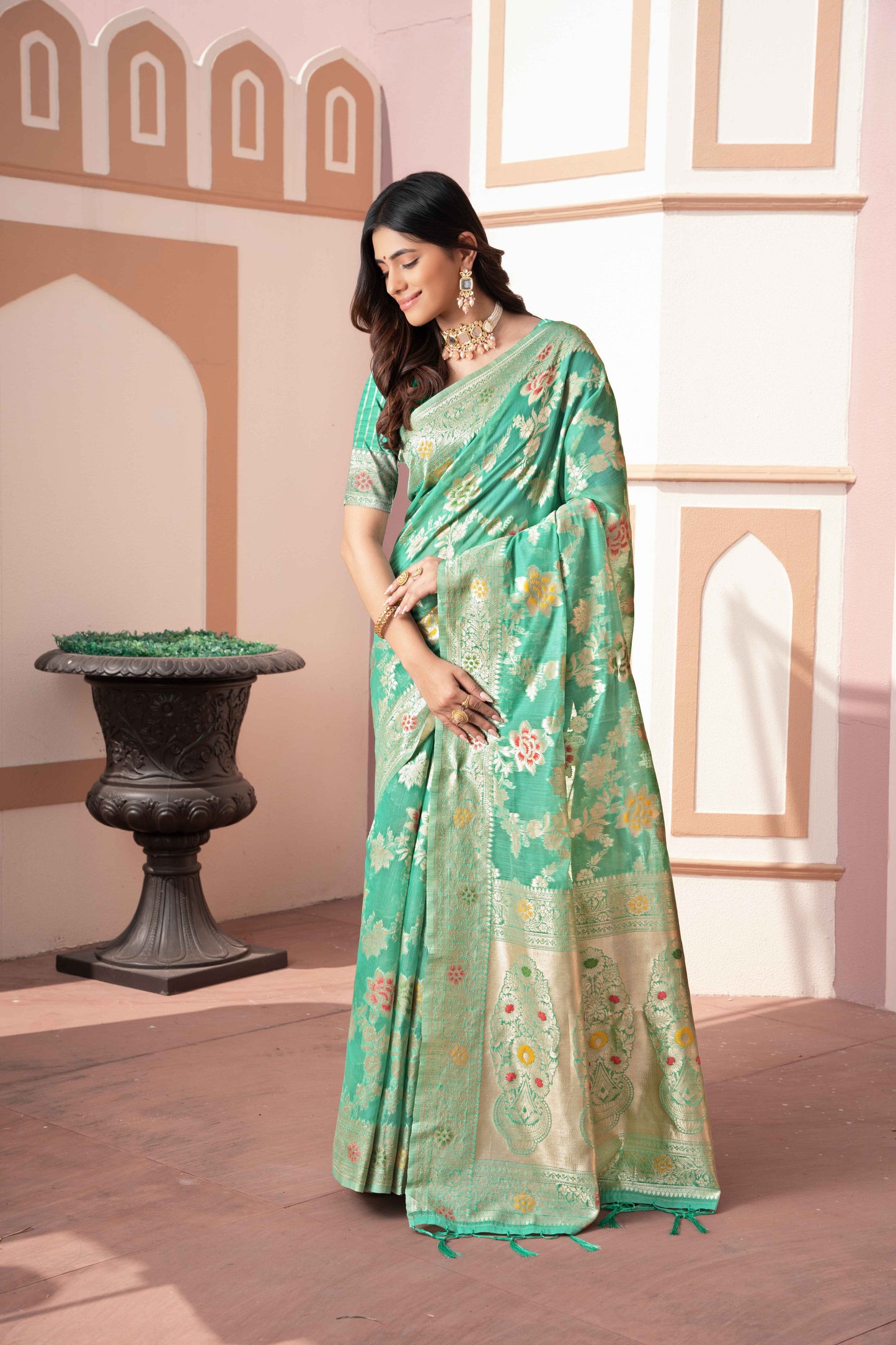 Sea-Green Color Cotton Silk Saree With Beautiful Zari Woven Work