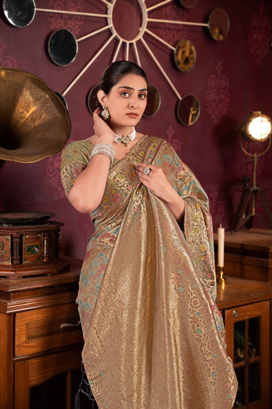 Gray Color Organza Silk Saree With Beautiful Zari Woven Work