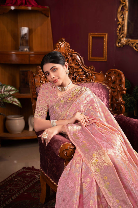 Pink Color Organza Silk Saree With Beautiful Zari Woven Work