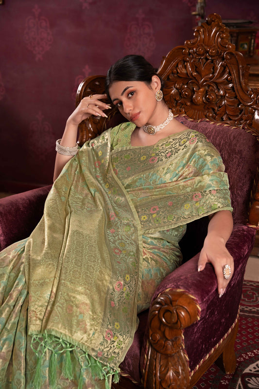 Pista Color Organza Silk Saree With Beautiful Zari Woven Work