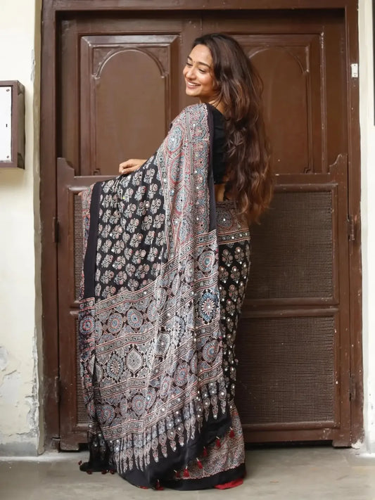 Accessible Cream Semi Silk Saree with Real Mirror and Pompom Pallu Design