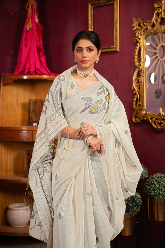 खूबसूरत ज़री बुनी डिज़ाइन के साथ पीले रंग की मुल कॉटन साड़ी