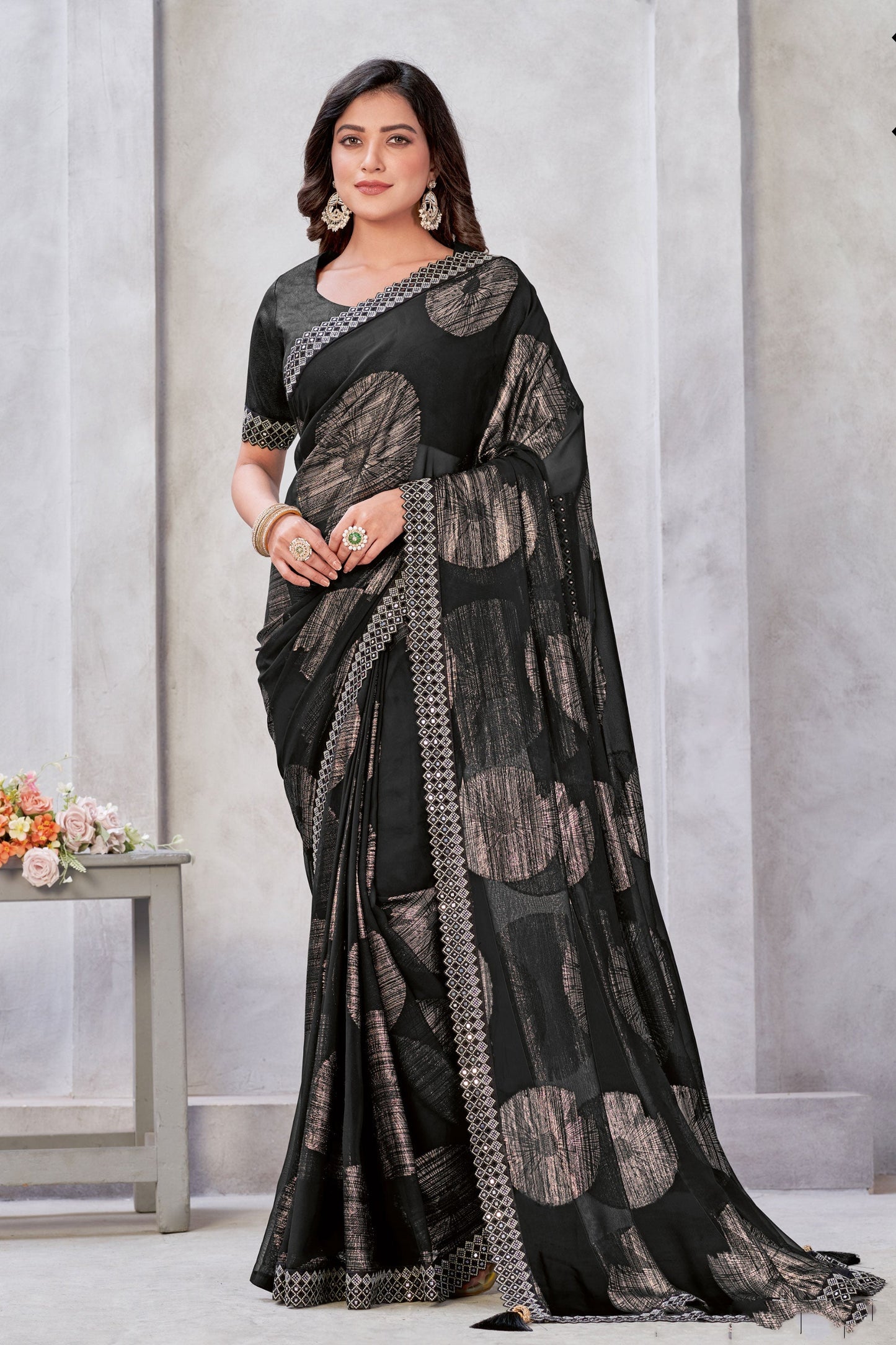 Zari Jacquard Weaving Work Attractive Georgette Saree In Black Color