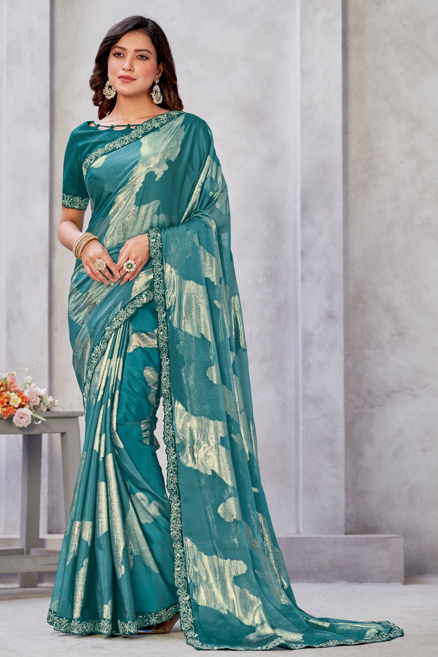 Alluring Sea Green Color Zari Jacquard Weaving Work Georgette Saree