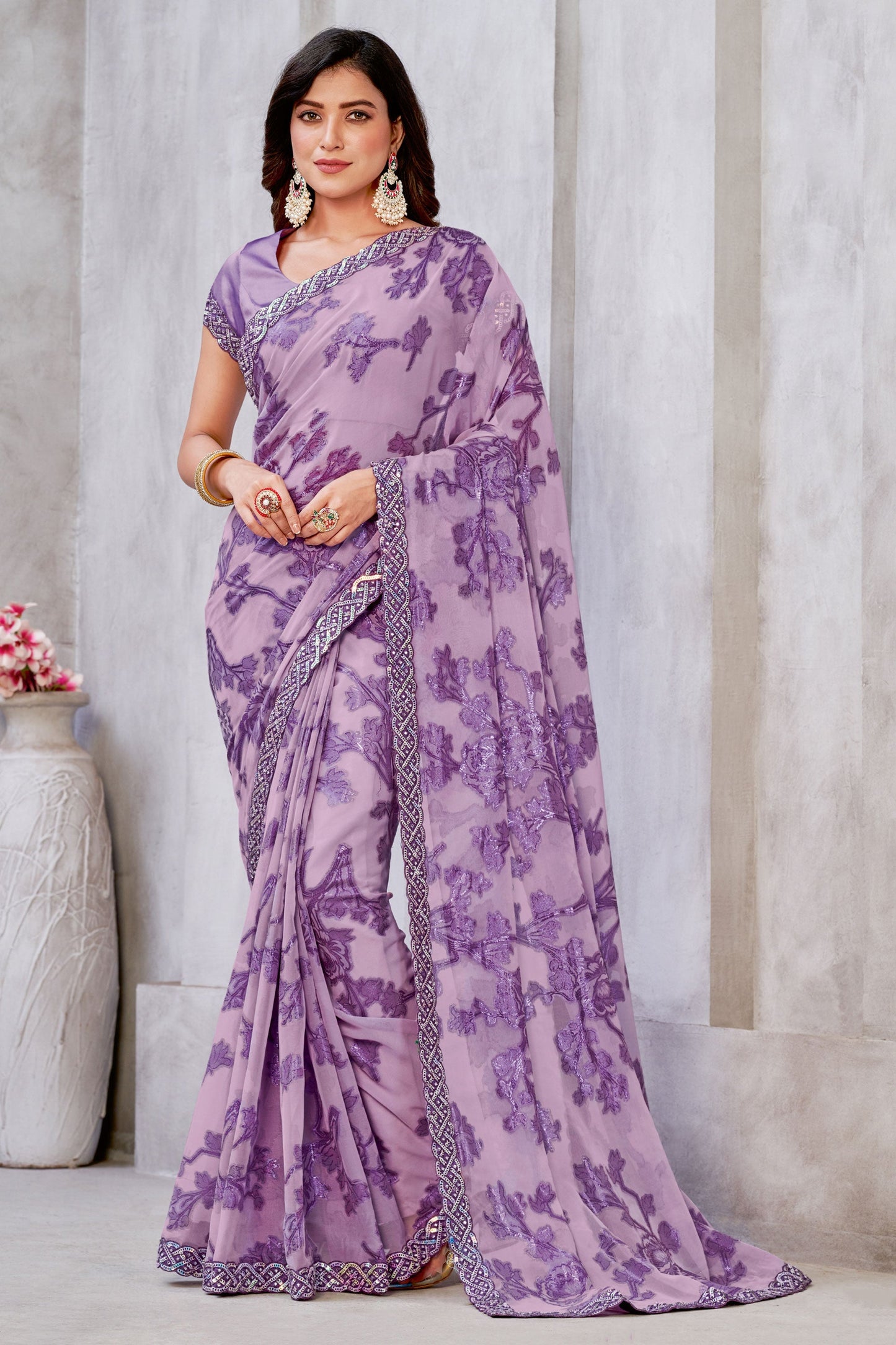 Purple Color Zari Jacquard Weaving Work Graceful Georgette Saree