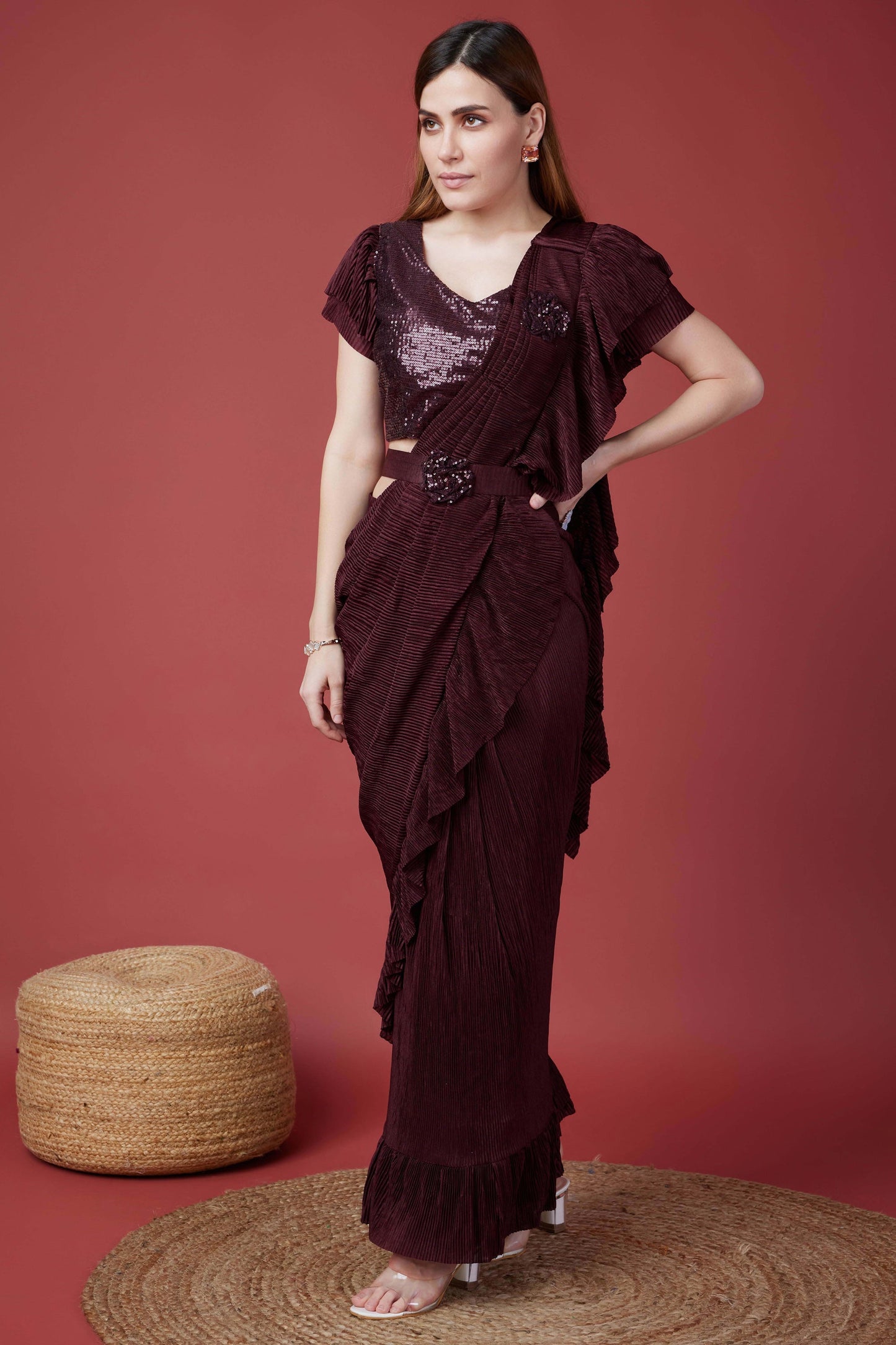 Wine Color Brilliant Fancy Fabric Ready To Wear Crush Saree