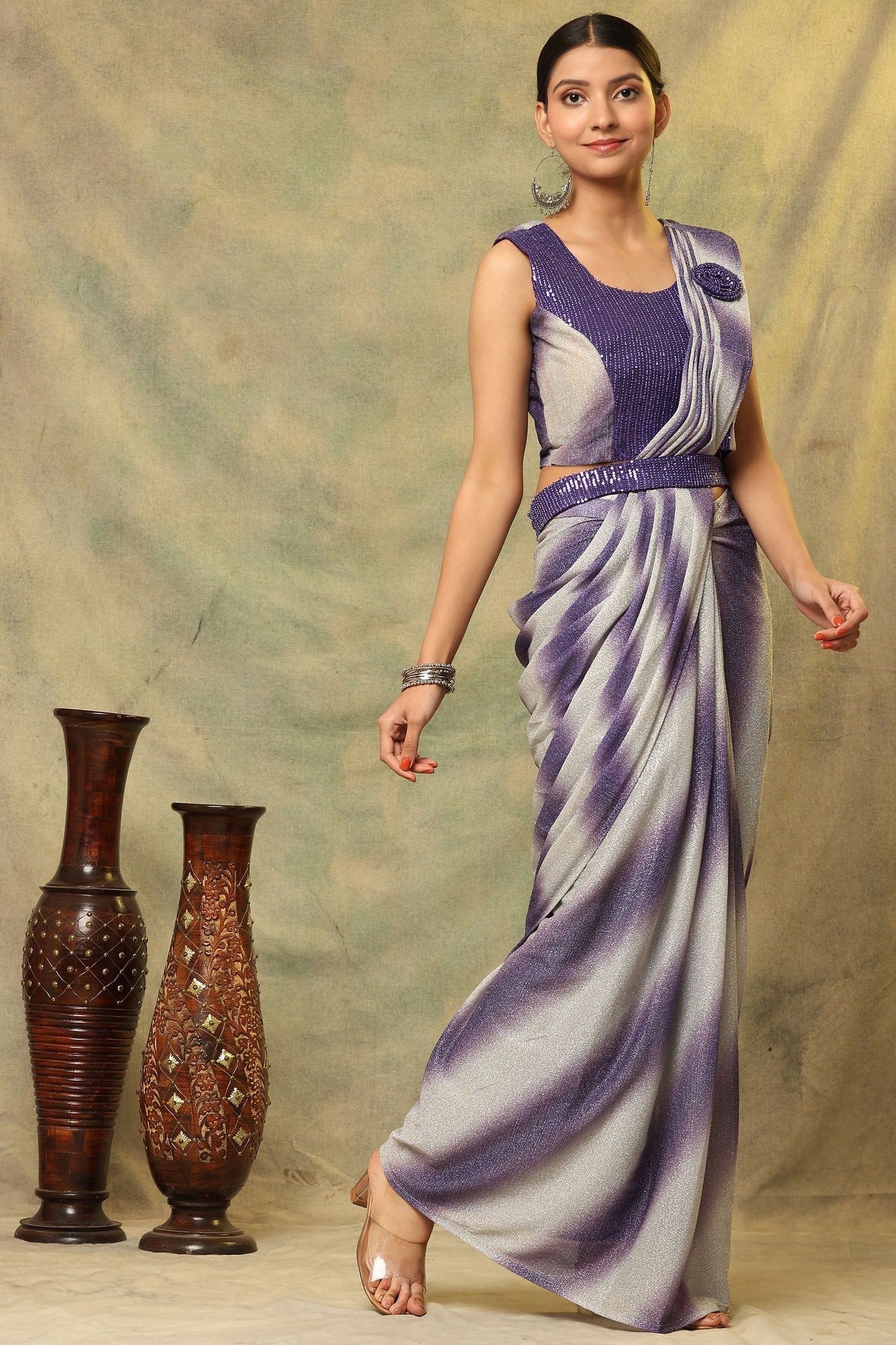 Imposing Ready to wear Fancy Fabric Saree With Sequins Work Blouse In Purple Color