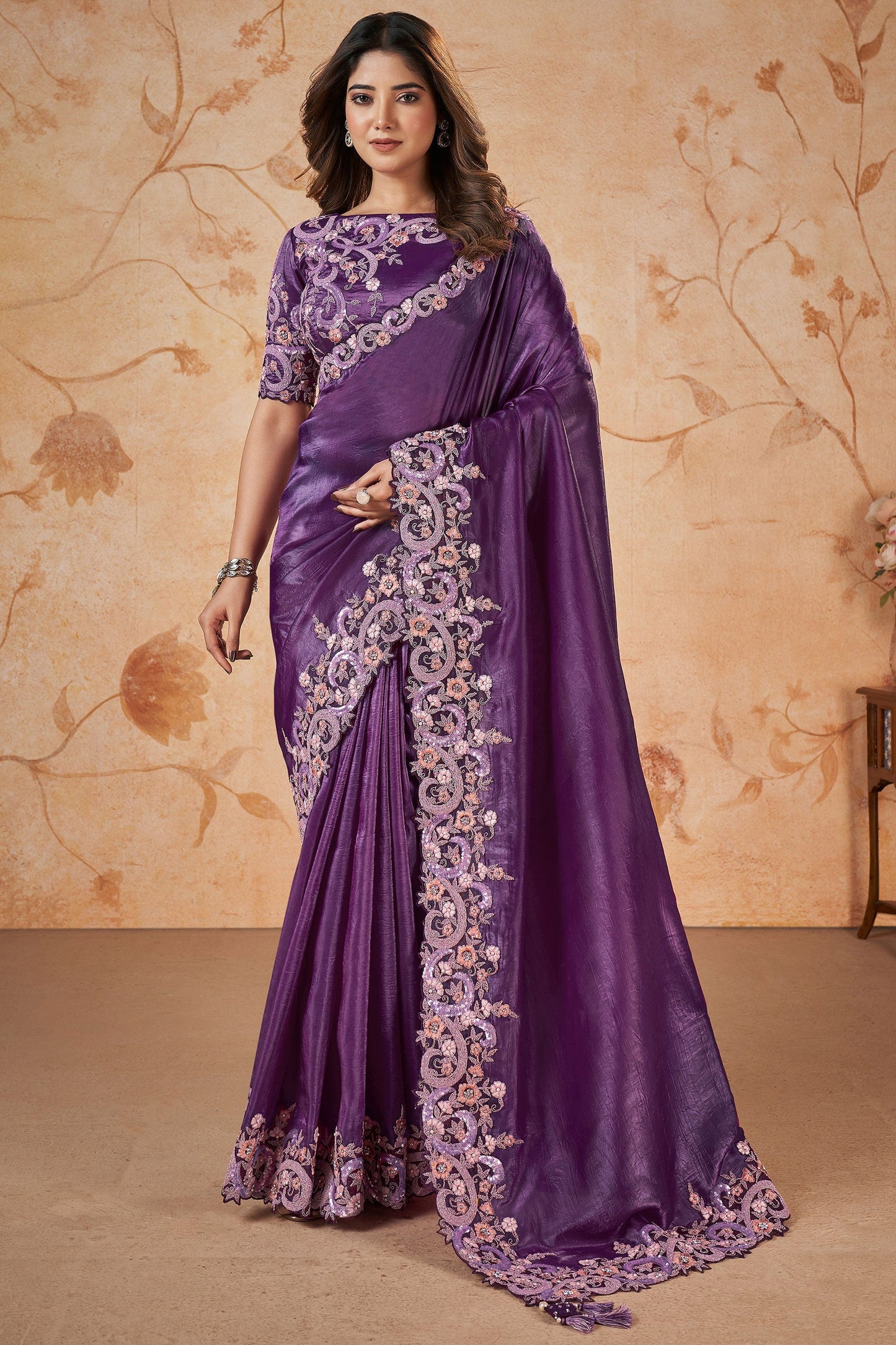 Purple Color Sequins Work Wedding Wear Banarasi Silk Fabric Saree