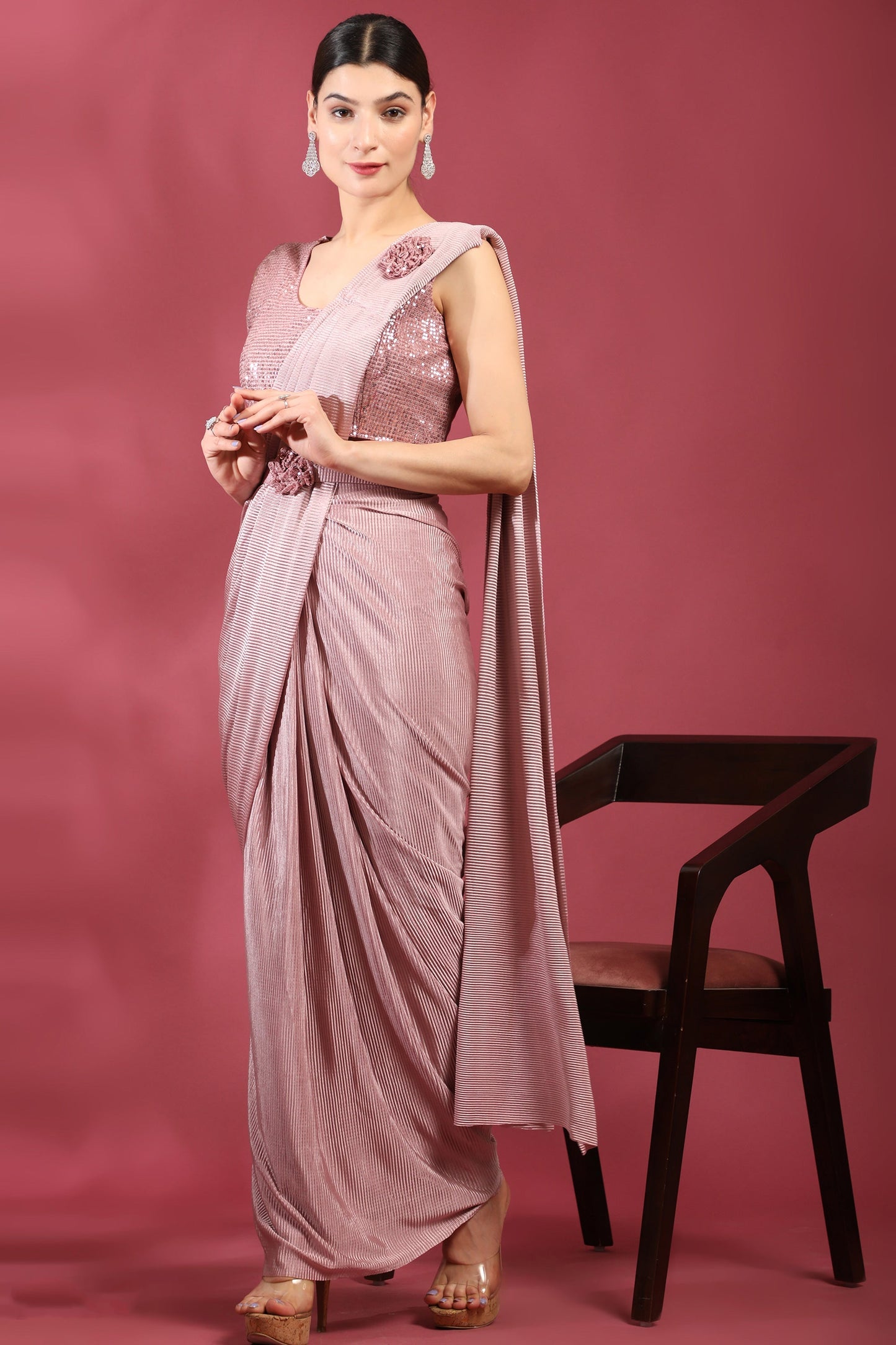 Soothing Crush Lycra Ready To Wear Saree In Pink Color